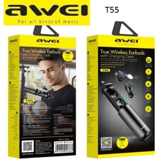 Awei T55 In-ear Bluetooth Handsfree Ακουστικά με Θήκη Φόρτισης Μαύρα Awei T55 In-ear Bluetooth Handsfree Ακουστικά με Θήκη Φόρτισης Μαύρα