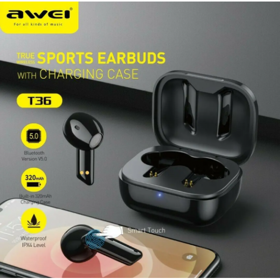 Ασύρματα ακουστικά Awei T36 TWS Wireless Earphone Headphone Bluetooth HiFi Μαύρο