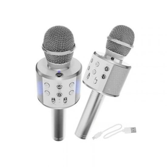 Ασύρματο Μικρόφωνο Ηχείο Bluetooth Karaoke Σε Ασημί Χρώμα