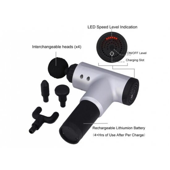 Συσκευή Πιστόλι Μασάζ Και Ανάκαμψης Μυών Με 6 Ταχύτητες Και 4 Ανταλλακτικές Κεφαλές Σε Ασημί Χρώμα