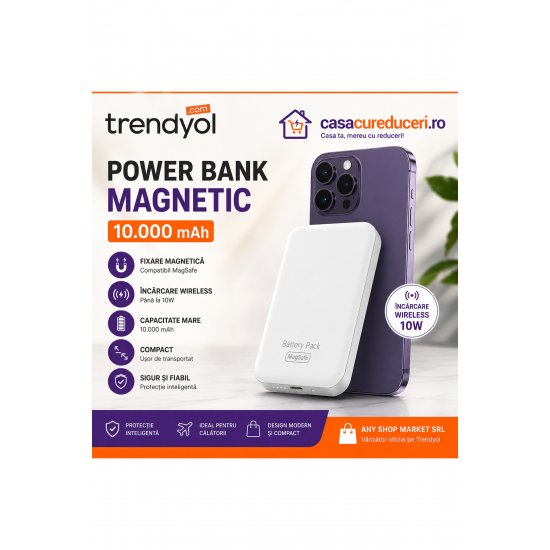 Μαγνητικό Power Bank 10.000 mAh, MagSafe, Incărcare Ασύρματο 10W, LED