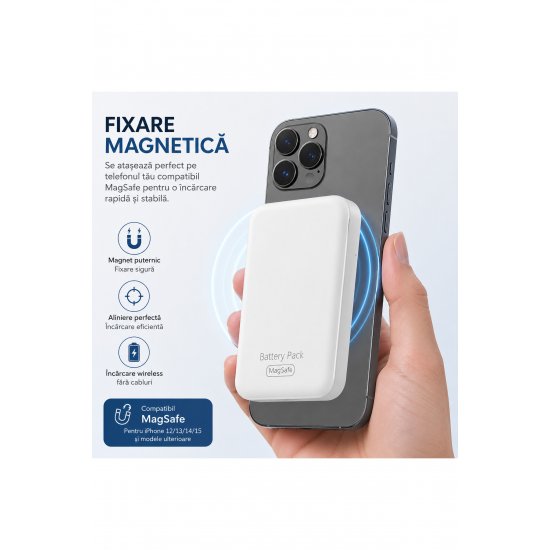 Μαγνητικό Power Bank 10.000 mAh, MagSafe, Incărcare Ασύρματο 10W, LED