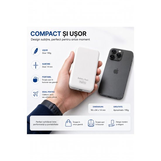 Μαγνητικό Power Bank 10.000 mAh, MagSafe, Incărcare Ασύρματο 10W, LED