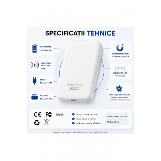 Μαγνητικό Power Bank 10.000 mAh, MagSafe, Incărcare Ασύρματο 10W, LED