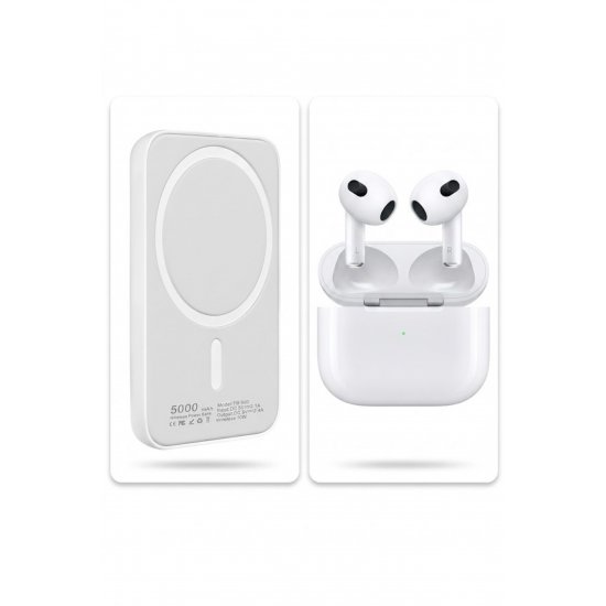 Set Wireless Powerbank 5000mAh MagSafe 10W & Ασύρματα Ακουστικά Bluetooth TWS – White