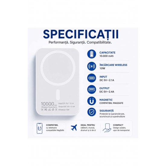 Magnetic Power Bank 10.000 mAh, Wireless 10W, MagSafe Compatible, Εξωτερική μπαταρία για ασύρματη φόρτιση Magnetic Power Bank 10.000 mAh, Wireless 10W, MagSafe Compatible, Εξωτερική μπαταρία για ασύρματη φόρτιση