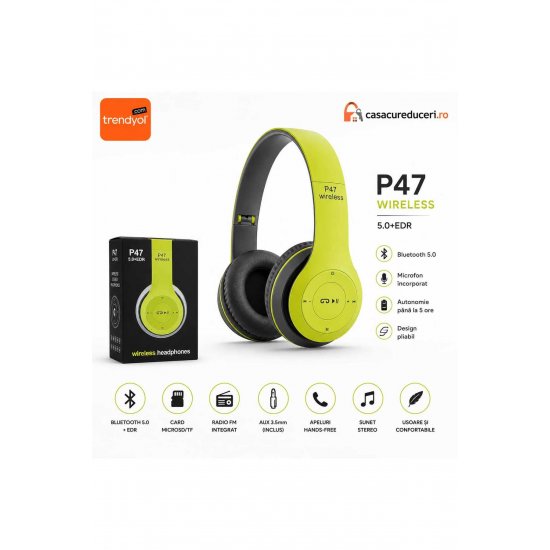 P47 Ασύρματα ακουστικά Bluetooth 5.0 + EDR, ενσωματωμένο μικρόφωνο, ραδιόφωνο FM, υποδοχή κάρτας MicroSD/TF, AUX 3,5 mm, Αναδιπλούμενο, Στερεοφωνικός ήχος, Συμβ?