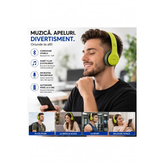 P47 Ασύρματα ακουστικά Bluetooth 5.0 + EDR, ενσωματωμένο μικρόφωνο, ραδιόφωνο FM, υποδοχή κάρτας MicroSD/TF, AUX 3,5 mm, Αναδιπλούμενο, Στερεοφωνικός ήχος, Συμβ?