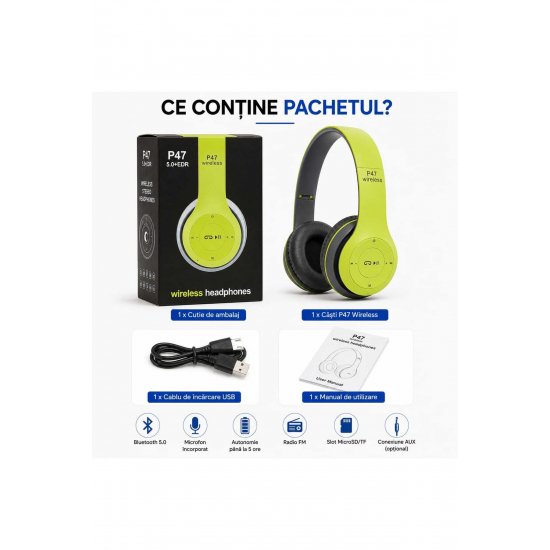 P47 Ασύρματα ακουστικά Bluetooth 5.0 + EDR, ενσωματωμένο μικρόφωνο, ραδιόφωνο FM, υποδοχή κάρτας MicroSD/TF, AUX 3,5 mm, Αναδιπλούμενο, Στερεοφωνικός ήχος, Συμβ?