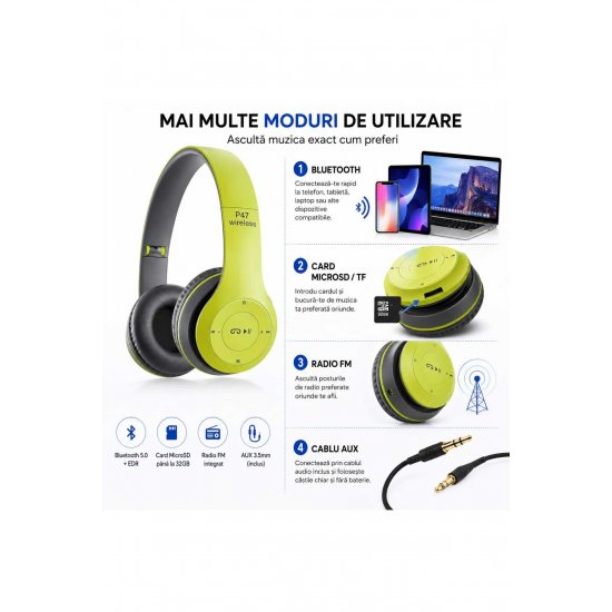 P47 Ασύρματα ακουστικά Bluetooth 5.0 + EDR, ενσωματωμένο μικρόφωνο, ραδιόφωνο FM, υποδοχή κάρτας MicroSD/TF, AUX 3,5 mm, Αναδιπλούμενο, Στερεοφωνικός ήχος, Συμβ?
