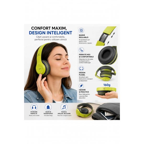 P47 Ασύρματα ακουστικά Bluetooth 5.0 + EDR, ενσωματωμένο μικρόφωνο, ραδιόφωνο FM, υποδοχή κάρτας MicroSD/TF, AUX 3,5 mm, Αναδιπλούμενο, Στερεοφωνικός ήχος, Συμβ?