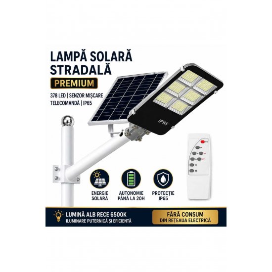 Solar Street Lamp 300W, 378 LEDs, Motion Sensor, Remote Control, Photovoltaic Panel, IP65, Cool White Light 6500K, Αυτονομία έως 20 ώρες, Μαύρο