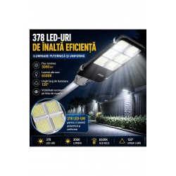 Solar Street Lamp 300W, 378 LEDs, Motion Sensor, Remote Control, Photovoltaic Panel, IP65, Cool White Light 6500K, Αυτονομία έως 20 ώρες, Μαύρο