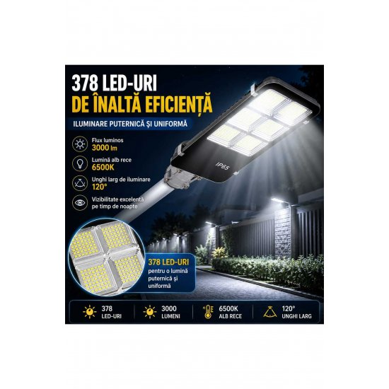 Solar Street Lamp 300W, 378 LEDs, Motion Sensor, Remote Control, Photovoltaic Panel, IP65, Cool White Light 6500K, Αυτονομία έως 20 ώρες, Μαύρο