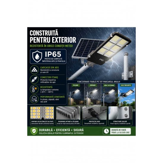 Solar Street Lamp 300W, 378 LEDs, Motion Sensor, Remote Control, Photovoltaic Panel, IP65, Cool White Light 6500K, Αυτονομία έως 20 ώρες, Μαύρο