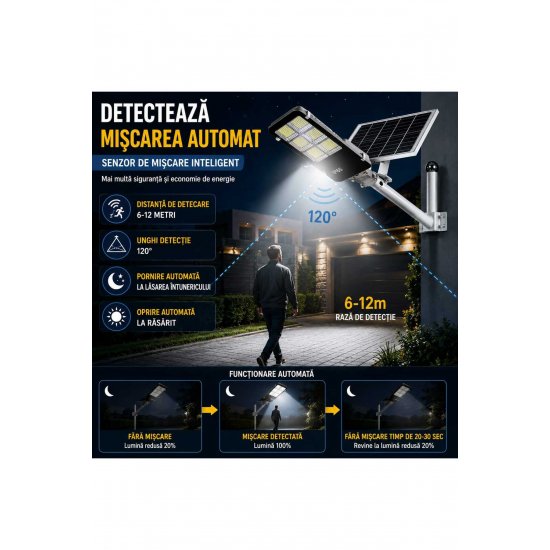 Solar Street Lamp 300W, 378 LEDs, Motion Sensor, Remote Control, Photovoltaic Panel, IP65, Cool White Light 6500K, Αυτονομία έως 20 ώρες, Μαύρο