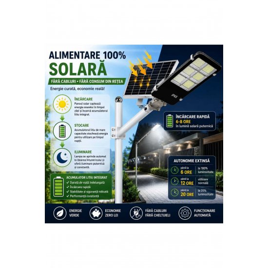 Solar Street Lamp 300W, 378 LEDs, Motion Sensor, Remote Control, Photovoltaic Panel, IP65, Cool White Light 6500K, Αυτονομία έως 20 ώρες, Μαύρο