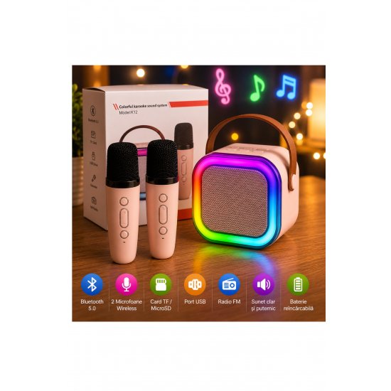 Κ12 Ασύρματο Καραόκε Κάτω Σετ με ηχείο Bluetooth 5W και 2 Μικρόφωνα, Κάρτα TF/MicroSD, USB, Echo Effect, Φορητό, για παιδιά και ενήλικες, ανοιχτό ροζ