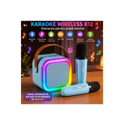 Κ12 ασύρματο καραόκε κάτω σετ με ηχείο Bluetooth 5W και 2 μικρόφωνα, κάρτα TF/MicroSD, USB, Echo Effect, Φορητό, για παιδιά και ενήλικες, γαλάζιο