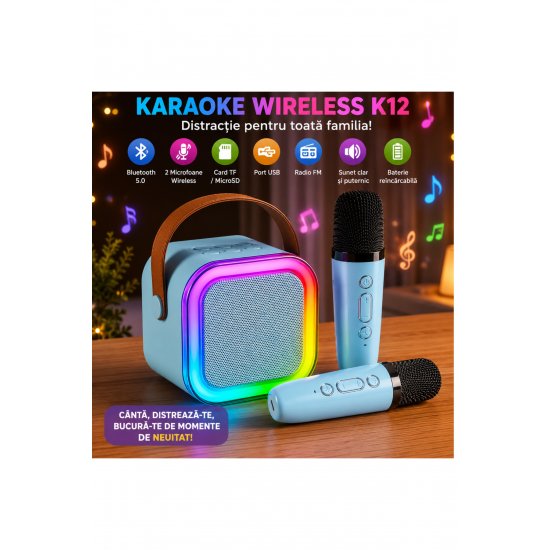 Κ12 ασύρματο καραόκε κάτω σετ με ηχείο Bluetooth 5W και 2 μικρόφωνα, κάρτα TF/MicroSD, USB, Echo Effect, Φορητό, για παιδιά και ενήλικες, γαλάζιο