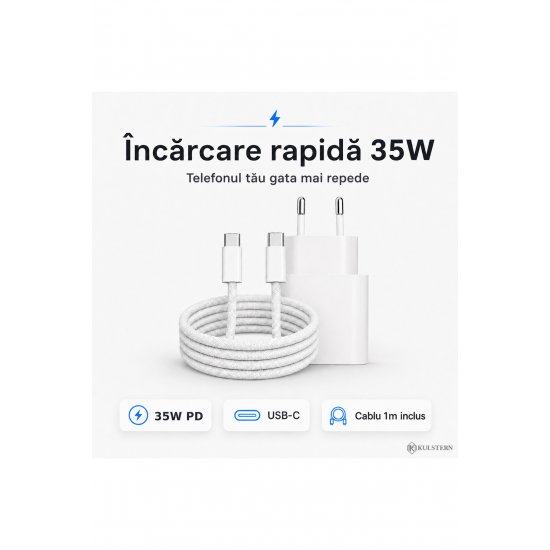 Γρήγορος φορτιστής 35W USB-C για iPhone 15/16/17, Samsung S25/S24/S23, 1m πλεγμένο καλώδιο USB-C που περιλαμβάνεται, Fast Charge PD, Xiaomi, iPad, AirPods, Kulstern™