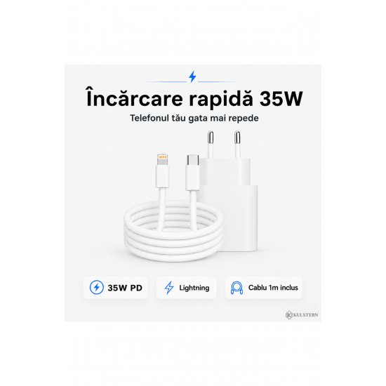Γρήγορος φορτιστής 35W για iPhone, Περιλαμβάνεται καλώδιο Lightning 1 m, Fast Charge PD, Συμβατό με iPhone 14/13/12/11/X/SE, Pro/Pro Max/Plus, iPad, AirPods, Kulstern™