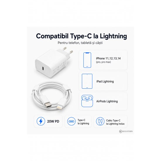Γρήγορος φορτιστής 20W iPhone 14/13/12/11/X/SE Pro Max Plus, Περιλαμβάνεται καλώδιο Lightning 1 m, Fast Charge PD, iPad AirPods Συμβατό, Kulstern™