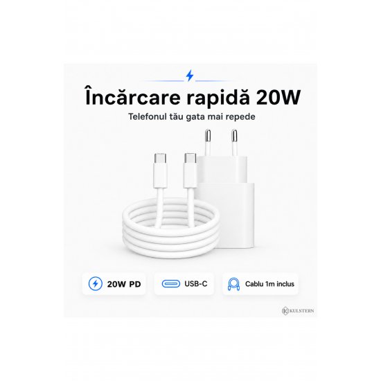 Γρήγορος φορτιστής 20W USB-C για iPhone 15/16/17, Samsung S25/S24/S23, 1m καλώδιο USB-C που περιλαμβάνεται, Fast Charge PD, Xiaomi, iPad, AirPods, Kulstern™