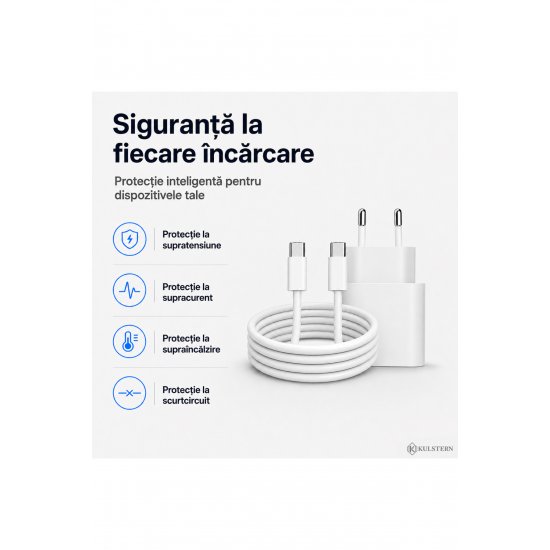 Γρήγορος φορτιστής 20W USB-C για iPhone 15/16/17, Samsung S25/S24/S23, 1m καλώδιο USB-C που περιλαμβάνεται, Fast Charge PD, Xiaomi, iPad, AirPods, Kulstern™