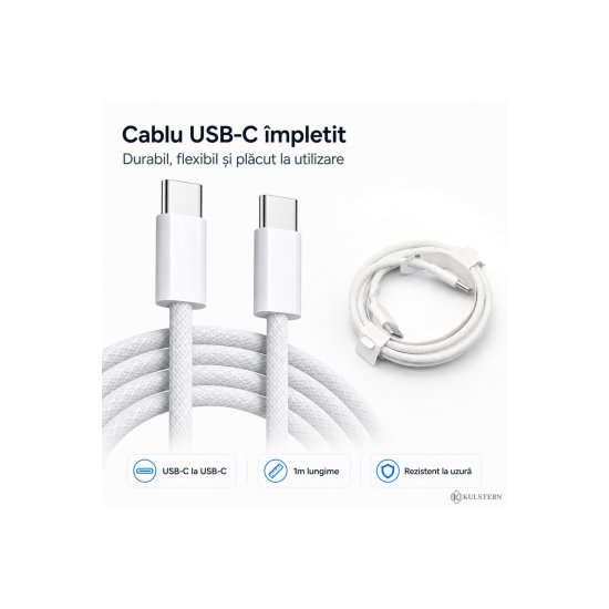 Γρήγορος φορτιστής 20W USB-C για iPhone 15/16/17, Samsung S25/S24/S23, 1 m πλεγμένο καλώδιο USB-C, Fast Charge PD, Xiaomi, iPad, AirPods, Kulstern™
