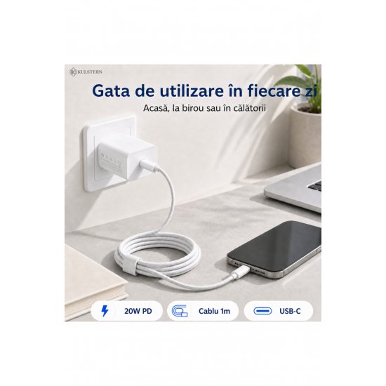 Γρήγορος φορτιστής 20W USB-C για iPhone 15/16/17, Samsung S25/S24/S23, 1 m πλεγμένο καλώδιο USB-C, Fast Charge PD, Xiaomi, iPad, AirPods, Kulstern™