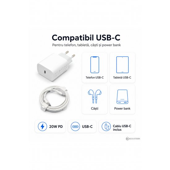 Γρήγορος φορτιστής 20W USB-C για iPhone 15/16/17, Samsung S25/S24/S23, 1 m πλεγμένο καλώδιο USB-C, Fast Charge PD, Xiaomi, iPad, AirPods, Kulstern™