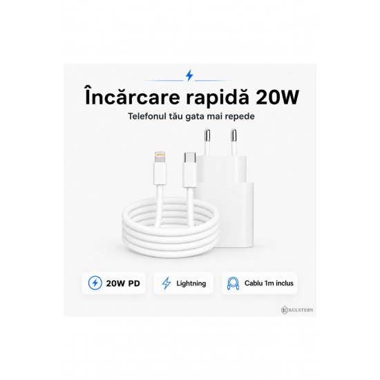 Γρήγορος φορτιστής 20W για iPhone 14/13/12/11/X/SE, Pro/Pro Max/Plus/Mini, Περιλαμβάνεται καλώδιο Lightning 1 m, Fast Charge PD, συμβατό με iPad, AirPods, Γρήγορη φόρτιση, Kulstern™