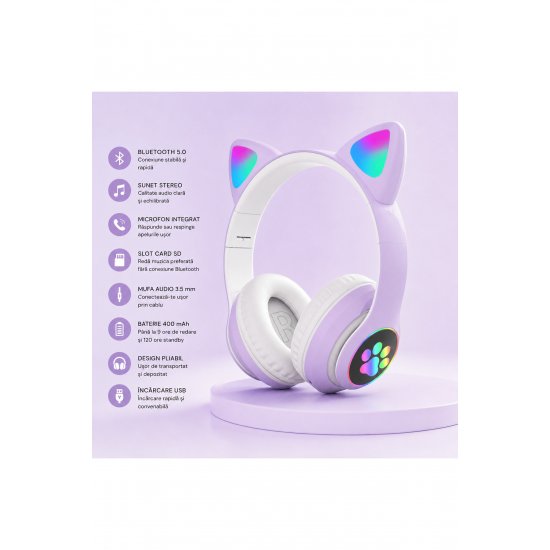 Ασύρματα ακουστικά Bluetooth με αυτιά γάτας LED, πτυσσόμενα, μικρόφωνο και υποδοχή κάρτας SD μωβ