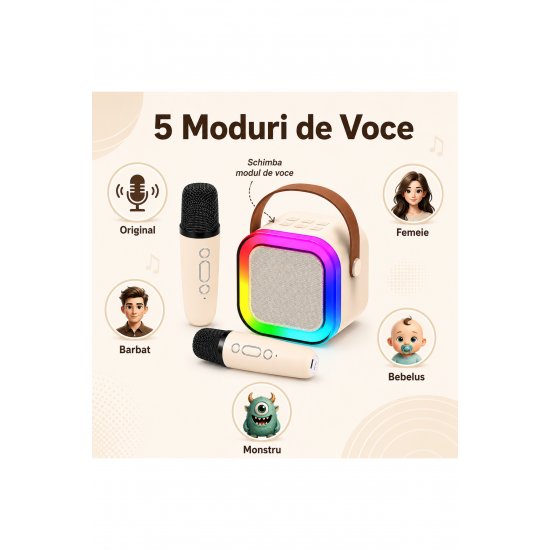 Σετ Karaoke Boxa Portabila Bluetooth 5.3, 2 Microfoane Wireless, LED RGB, USB-C, Copii/Adulti