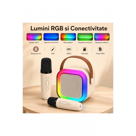 Σετ Karaoke Boxa Portabila Bluetooth 5.3, 2 Microfoane Wireless, LED RGB, USB-C, Copii/Adulti