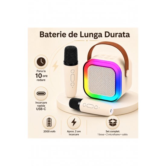 Σετ Karaoke Boxa Portabila Bluetooth 5.3, 2 Microfoane Wireless, LED RGB, USB-C, Copii/Adulti
