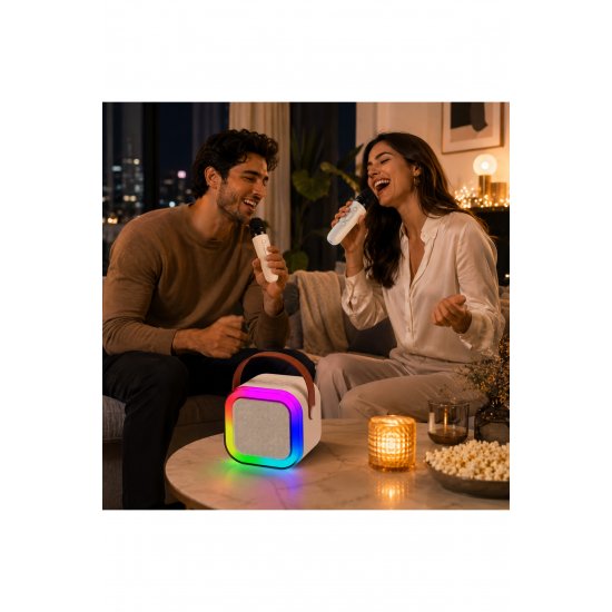 Σετ Karaoke Boxa Portabila Bluetooth 5.3, 2 Microfoane Wireless, LED RGB, USB-C, Copii/Adulti