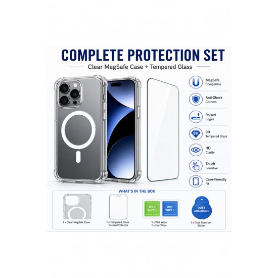 Σύστημα MagSafe Anti Shock + Folie de Sticla Compatibilă cu Apple iPhone 17, Transparenta