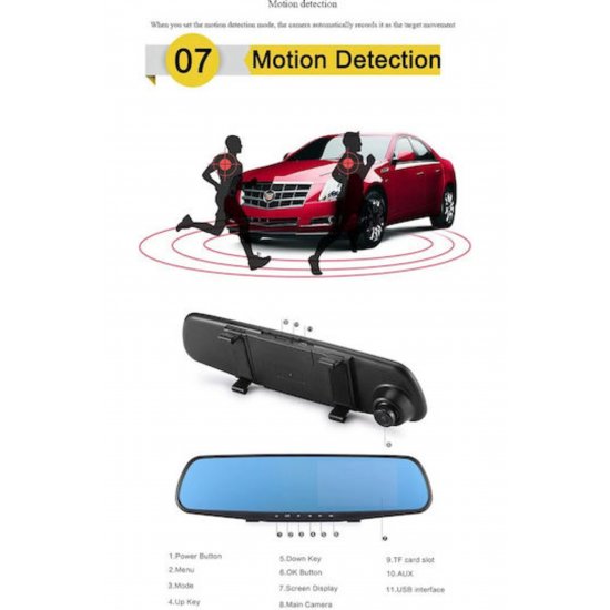 L808B 1080P καθρέφτης DVR αυτοκινήτου με πίσω κάμερα, οθόνη 4,3