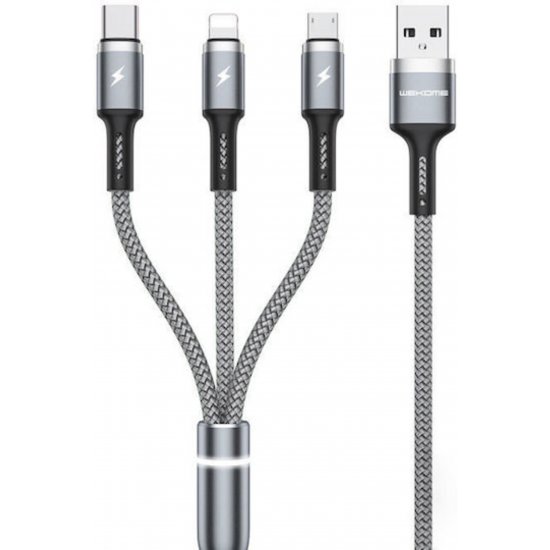 Σειρά Braided USB to Lightning / Type-C / micro USB 1.2m 2.4A Cable Gray (WK-WDC-119_SILVER)