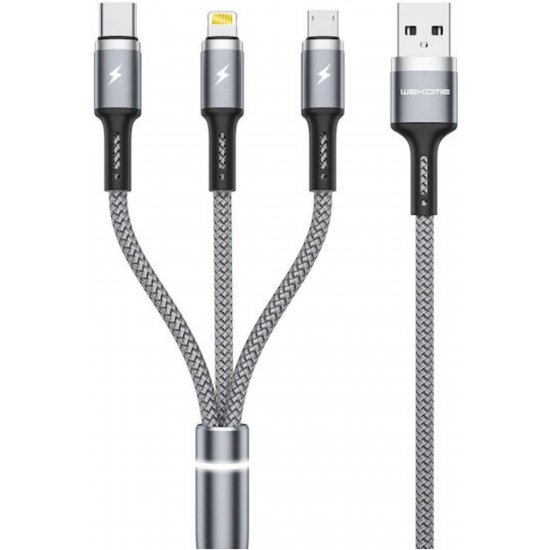 Σειρά Braided USB to Lightning / Type-C / micro USB 1.2m 2.4A Cable Gray (WK-WDC-119_SILVER)