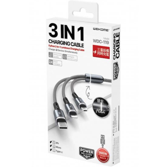 Σειρά Braided USB to Lightning / Type-C / micro USB 1.2m 2.4A Cable Gray (WK-WDC-119_SILVER)
