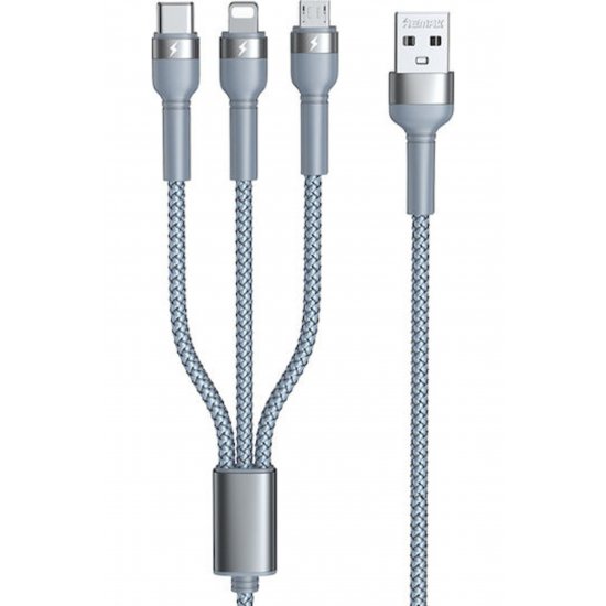 Jany RC-124th Braided USB to φωτιστικόning / Type-C / micro USB 1.2m 3.1A καλώδιο Ασημί
