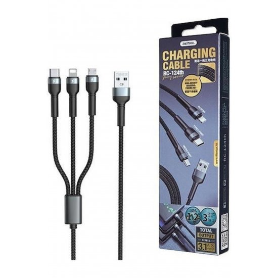 Jany RC-124th Braided USB to φωτιστικόning / Type-C / micro USB 1.2m 3.1A καλώδιο Ασημί