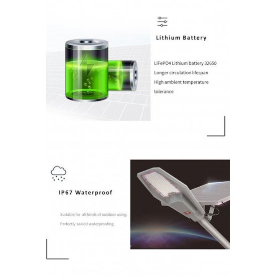 Street Solar Light 200W 2600lm με αισθητήρα κίνησης, φωτοκύτταρο και τηλεχειριστήριο IP67