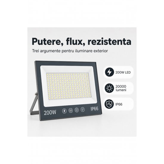 Προβολέας LED 200W, 20000LM, για εξωτερικούς ή εσωτερικούς χώρους, IP66, με αντιθαμβωτικό ματ γυαλί