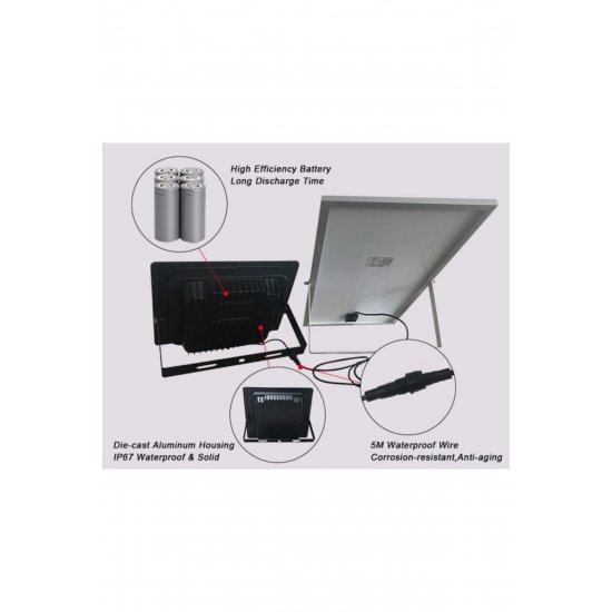 Ισχυρός ηλιακός προβολέας 100W, 294 SMD LED, οθόνη LED επιπέδου φόρτισης, με ηλιακό πάνελ και τηλεχειριστήριο
