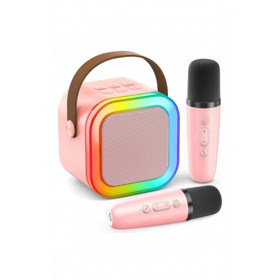 MDSALE Σετ ηχείων Bluetooth Karaoke με 2 ασύρματα μικρόφωνα, φώτα RGB, φορητό, ροζ