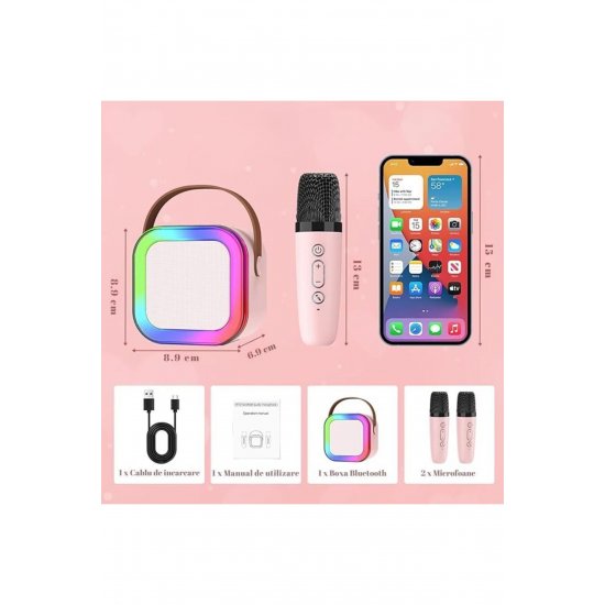 MDSALE Σετ ηχείων Bluetooth Karaoke με 2 ασύρματα μικρόφωνα, φώτα RGB, φορητό, ροζ